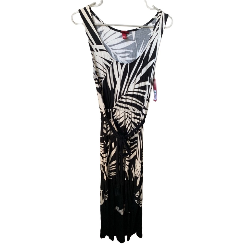 MERONA Womens Black Ivory Print Rounded Neck Belted Sleeveless Tank Maxi Dress